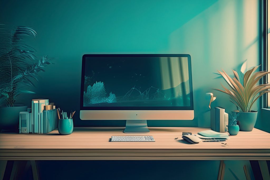 Photo of an Apple computer on a desk inside the studio of a creative agency 